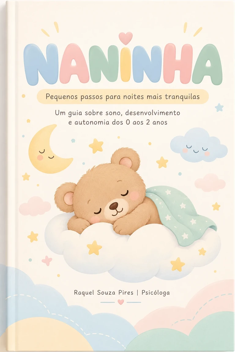 Capa do e-book NANINHA, com ursinho dormindo sobre uma nuvem e título em letras pastéis